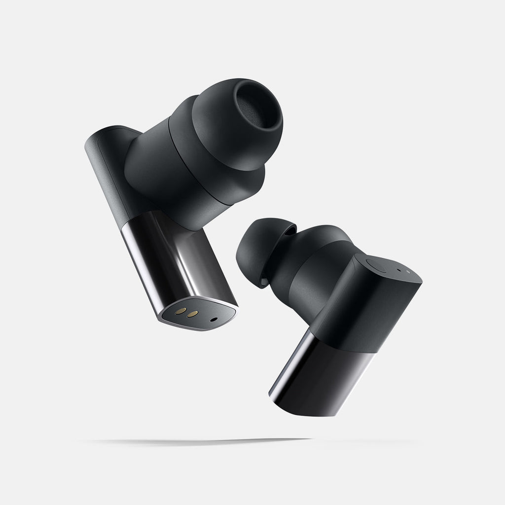 Wireless noise-cancelling earbuds, detail angle