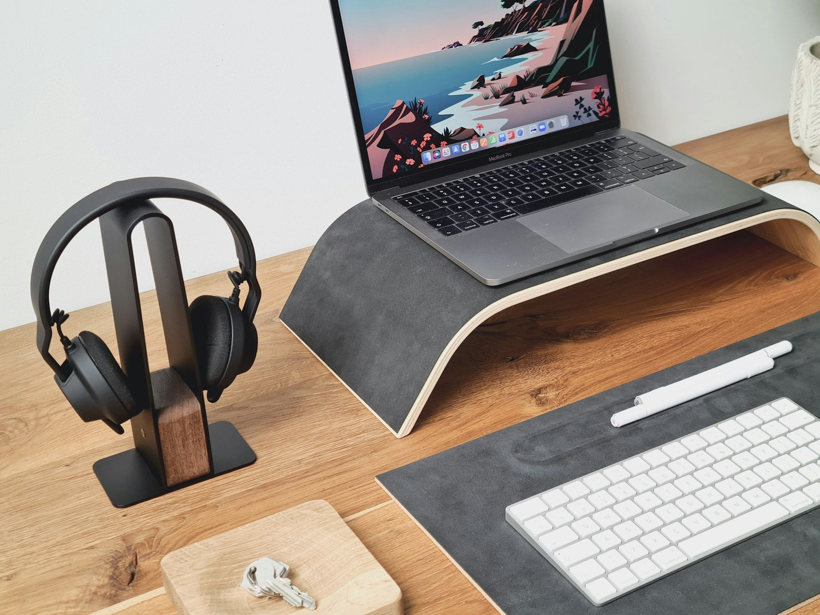 Close-up detail of the wooden laptop stand